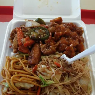 chow mein, rice noodles, chicken &amp; jalapenos, orange chicken of course! !!