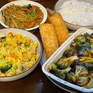 Broccoli with Garlic sauce, vegetable low mien, vegetable fried rice.