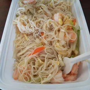 shrimp and noodles in a styrofoam container