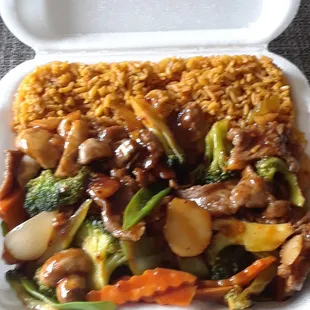 Hunan Beef and &quot;fried&quot; rice lunch combo.