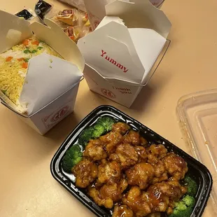 Gen Tso Chicken, chicken fried rice, sweet and sour shrimp and egg rolls