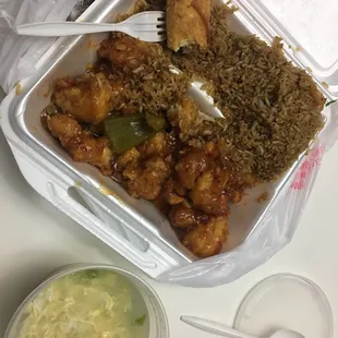 egg drop soup, shrimp fried rice, general tsao chicken and egg roll!