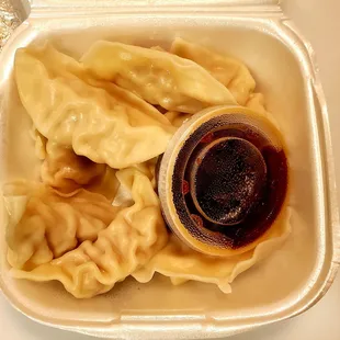 dumplings and sauce in a container