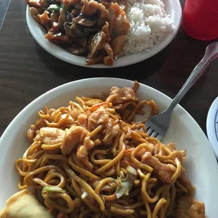 Chicken lo mein in front and moo goo GAO pan lunch special in the back