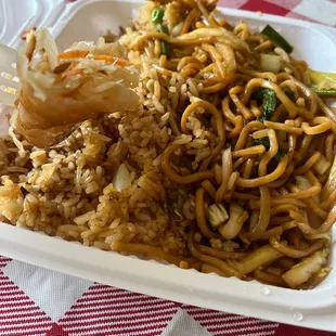 Shrimp lo mein, fried rice, and egg roll lunch special $8