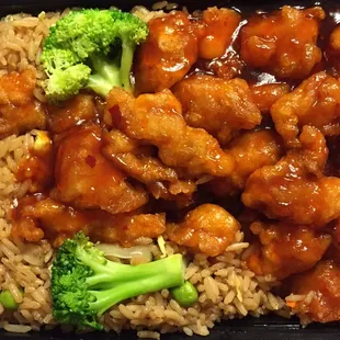 General Tso chicken with a LOT of sauce.