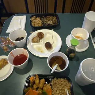 Mongolian Beef, Wonton Soup, sweet and sour chicken, egg rolls, fried dumplings