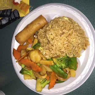 Hunan shrimp with fried rice and spring roll