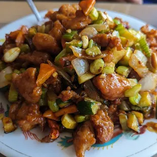 Kung Pao Chicken, unusual as lightly battered with softer bite $11.95. Very Large Portion, 3.5/5*  not so spicy 6-2023