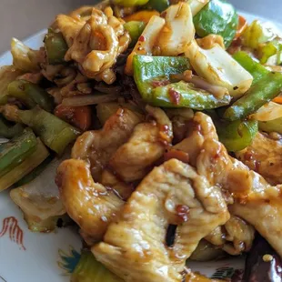 Hunan Chicken celery carrot green peppers onions in Black Bean Chile sauce, very tasty, BIG portion! $11.95 6-2023