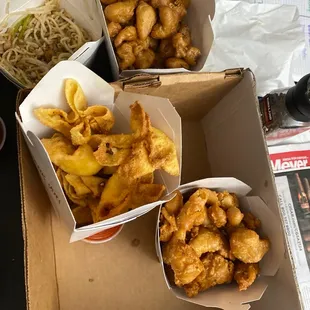 three boxes of fried food