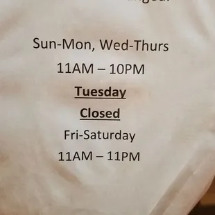 New hours winter 2018
