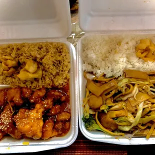 Sesame chicken with fried rice and vegetable lomein with steamed rice