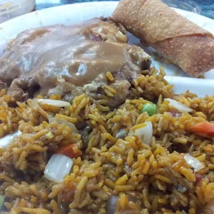 Pork egg fu young with fried rice &amp; egg roll.