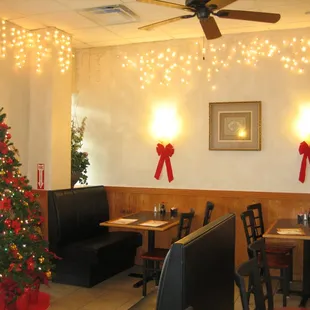 a christmas tree in a restaurant
