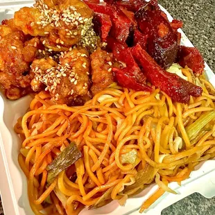 Sesame chicken, pork, chow mein. Very good!!!