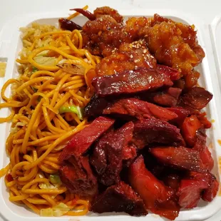 1/2 rice, 1/2 chow mein, sesame chicken &amp; BBQ pork.