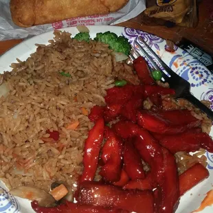 Veggie fried rice, bbq pork &amp; egg rolls!