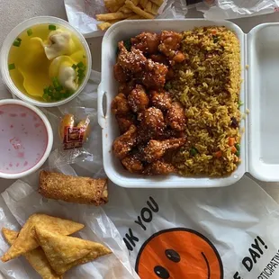Sesame Chicken, krab rangoon, egg roll, Wonton Soup, Roast Pork Fried Rice