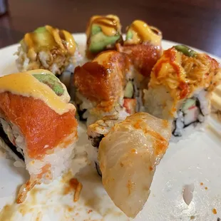 Sushi roll pieces.