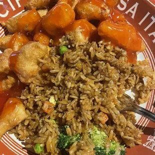 Veggie fried rice and sweet and sour chicken