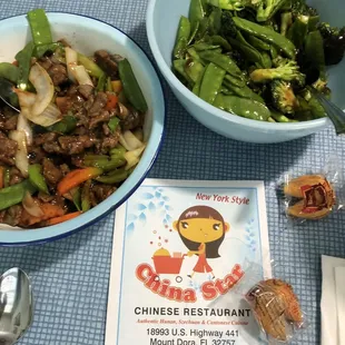 This is the snow pea and broccoli vegetable dish and the black bean beef.