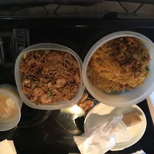 Shrimp pasta, vegetable fried rice, soup, egg roll and fortune cookie on the low low.