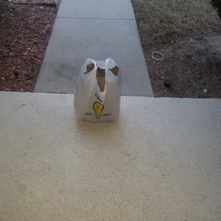 a dog in a bag on a sidewalk