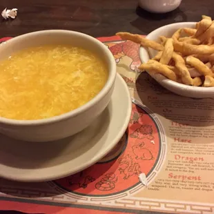 Egg drop and crispy noodles