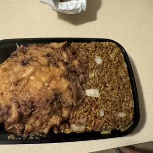 Chicken Egg Foo Young with Roast Pork Fried Rice