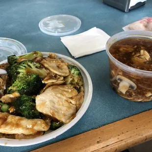 Chicken and broccoli, hot and sour soup