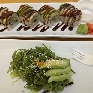 Dragon Roll and Seaweed Salad