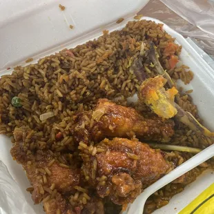 chicken and rice in a styrofoam container