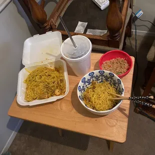 My lovely mai fun Singapore noodles fried rice and large raspberry tea yummy and amazing