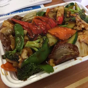 Got the happy family dish with shrimp, crap, lobster, beef, chicken, and bbq pork all for only $12 (on company money too).