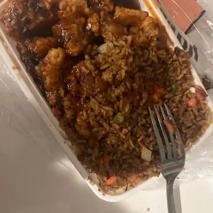 a plastic container filled with rice and meat