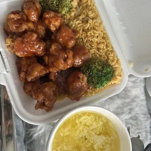 General Tso's Chicken lunch special for $8.45 come with rice and soup. Was served hot, fresh, and delicious.
