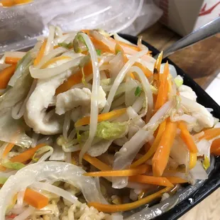 Chicken chow mein..looks nothing like the picture posted on their yelp for shrimp chow mein. LOTS of onion and a few noodles.