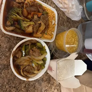 C23A. Szechuan Beef Combo Platter, Pepper Steak, Egg Drop Soup, and White Rice