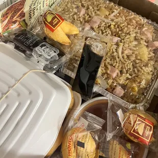 Hawaiian Fried Rice, Egg Rolls and Sweet and Sour Chicken