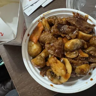 Beef and mushroom and small rice. Delicious