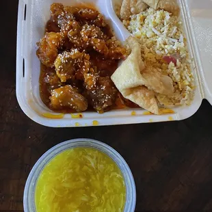 Sesame Chicken, Pork Fried Rice, Egg Drop Soup, Cheese Rangoon