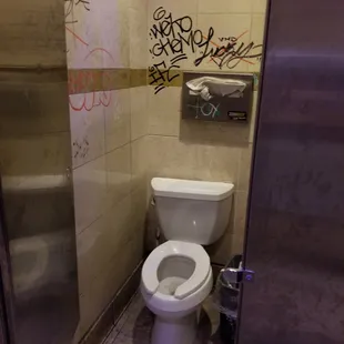 a toilet with graffiti on the walls