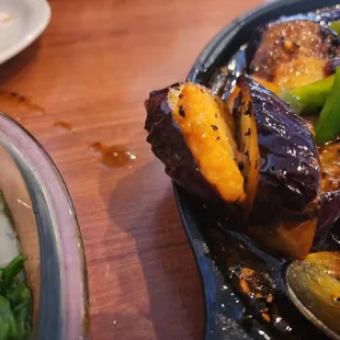 Pounded shrimp between eggplant slices