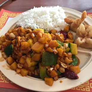 $7 Lunch special with Kung pao chicken, tasty crab puffs, hot &amp; sour soup. Why do the Panda?