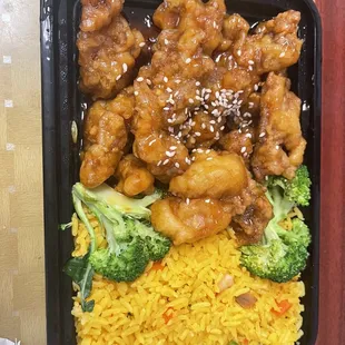 Sesame Chicken and pork fried rice