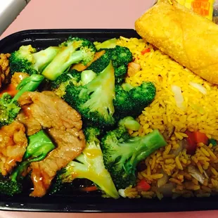 Broccoli beef dinner combo, also comes with a drink