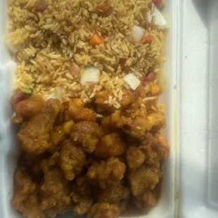 Generals chicken, pork fried rice.