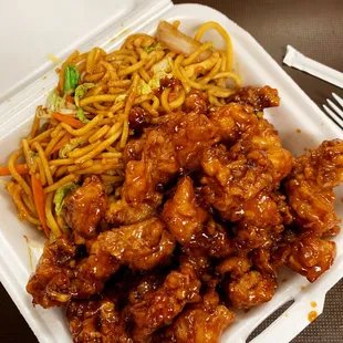 Orange chicken with chicken Lo Mein (next to El Aguila)