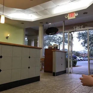 the entrance to a restaurant